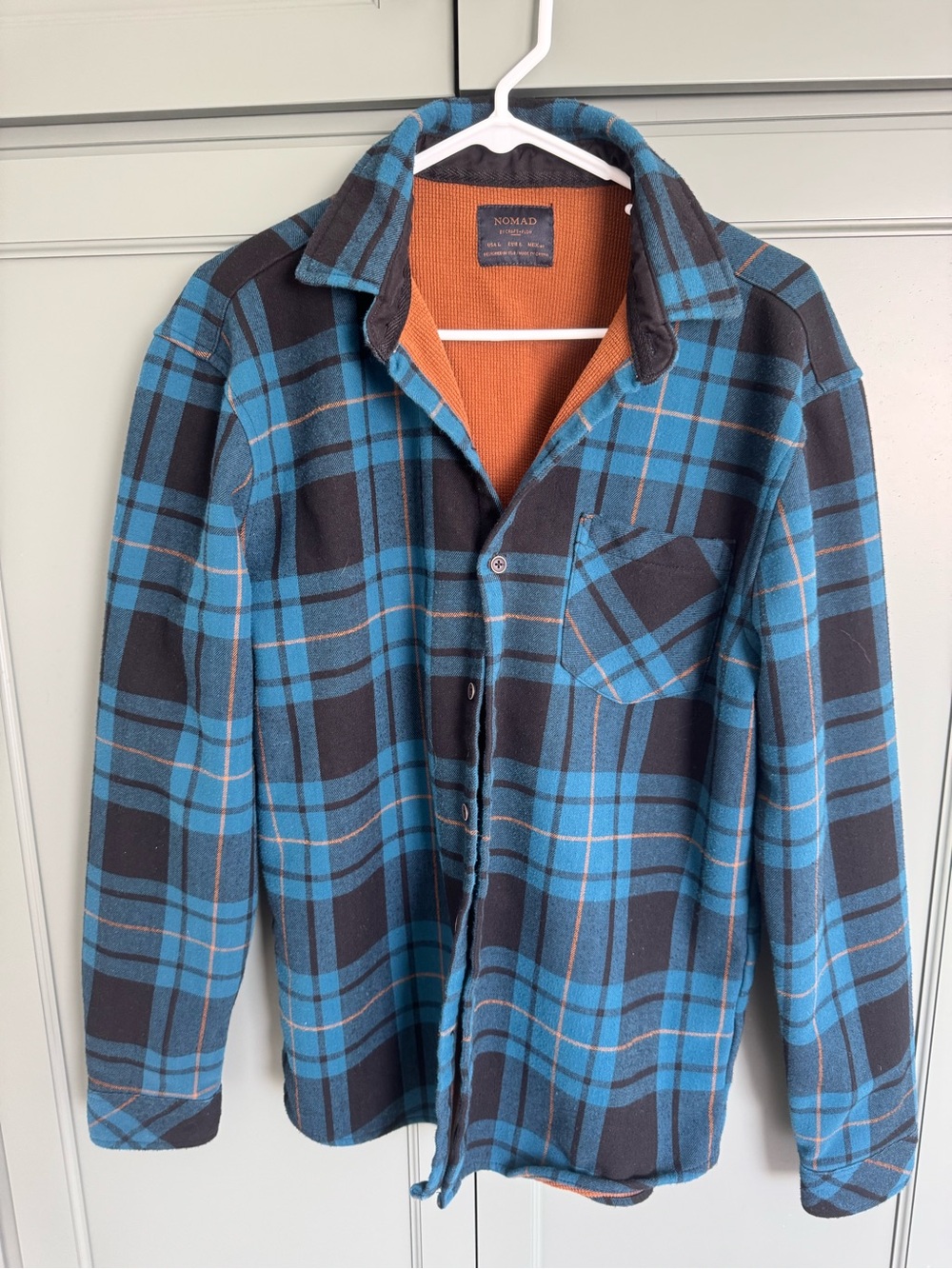 Nomad Blue and Black Plaid Lightweight Fleece Shirt Jacket with Orange Lining